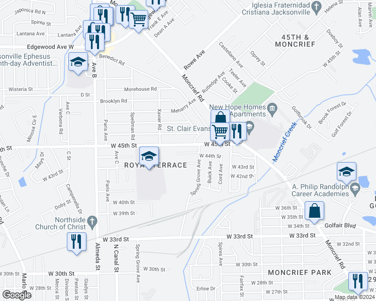 map of restaurants, bars, coffee shops, grocery stores, and more near 1959 Spring Drive Road in Jacksonville