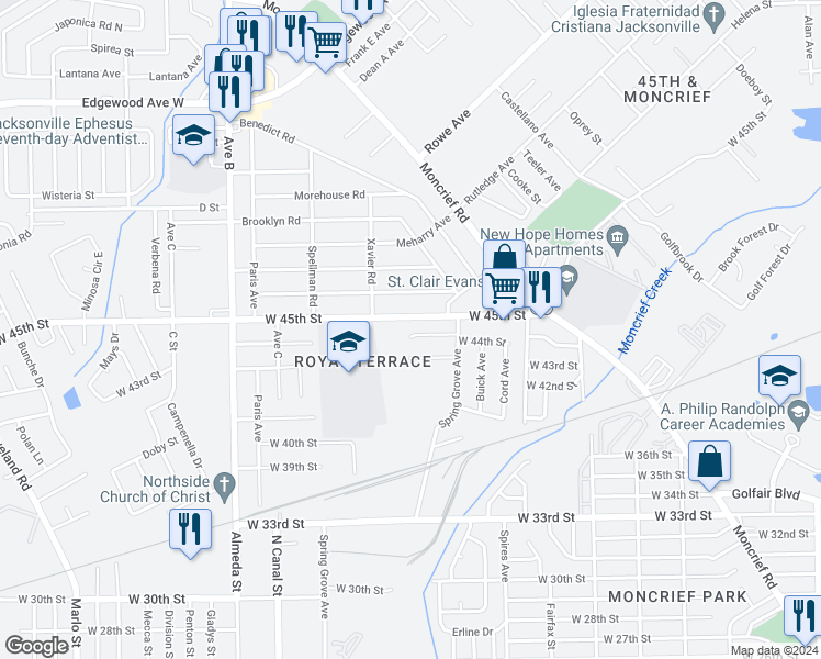 map of restaurants, bars, coffee shops, grocery stores, and more near 1959 Spring Drive Road in Jacksonville