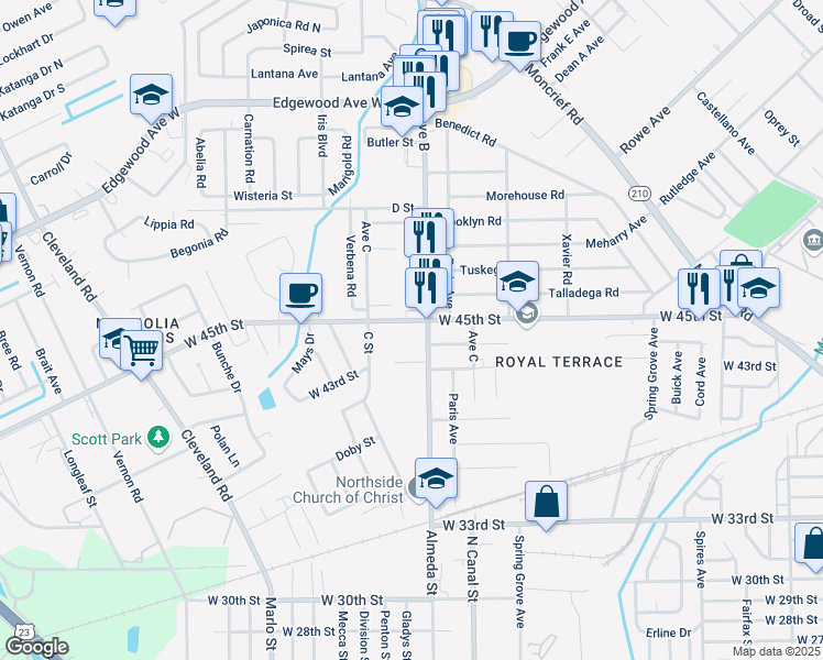 map of restaurants, bars, coffee shops, grocery stores, and more near 2268 West 44th Street in Jacksonville