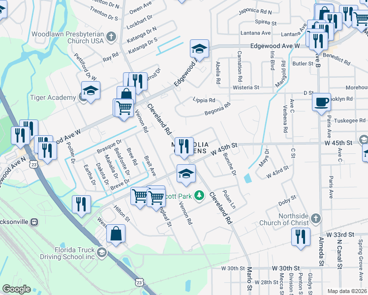 map of restaurants, bars, coffee shops, grocery stores, and more near 5534 Cleveland Road in Jacksonville