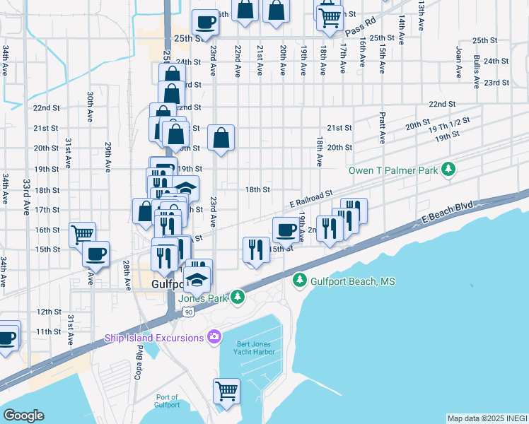 map of restaurants, bars, coffee shops, grocery stores, and more near 1608 20th Avenue in Gulfport