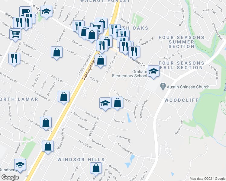 map of restaurants, bars, coffee shops, grocery stores, and more near 5 Collinwood West Drive in Austin