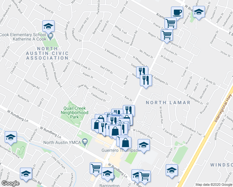 map of restaurants, bars, coffee shops, grocery stores, and more near 10000 North Lamar Boulevard in Austin