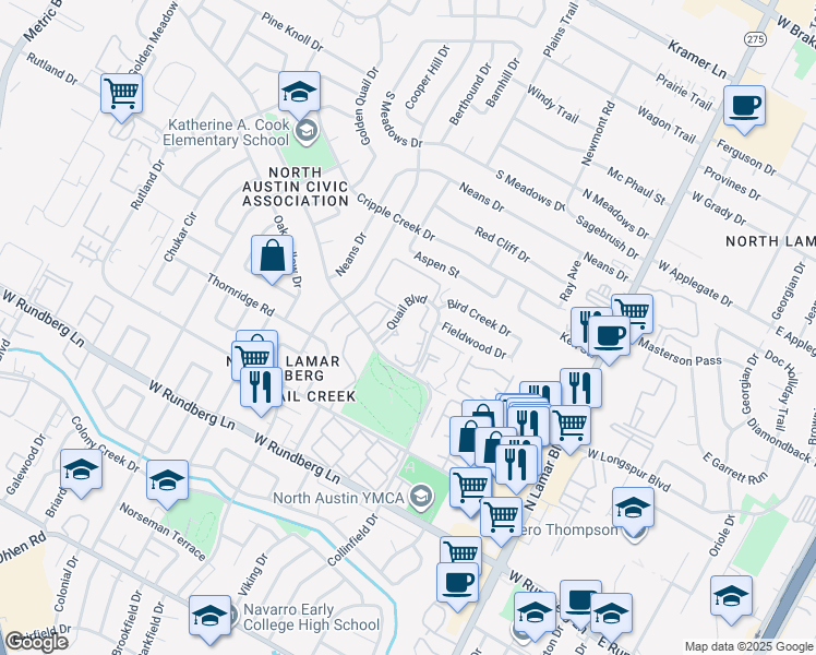 map of restaurants, bars, coffee shops, grocery stores, and more near 9971 Quail Boulevard in Austin