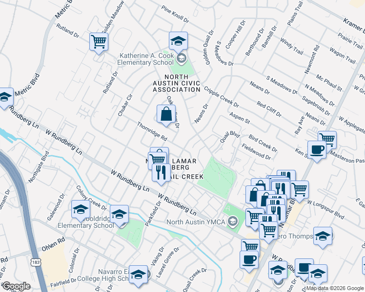 map of restaurants, bars, coffee shops, grocery stores, and more near 9604 Stonebridge Drive in Austin