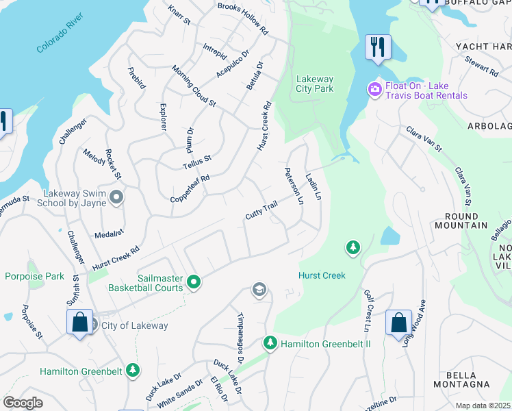 map of restaurants, bars, coffee shops, grocery stores, and more near 520 Cutty Trail in Lakeway