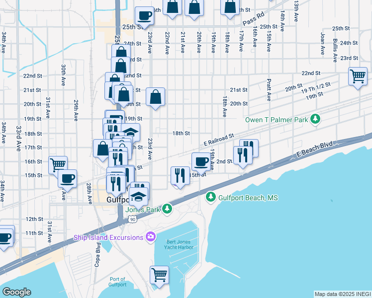 map of restaurants, bars, coffee shops, grocery stores, and more near 1608 20th Avenue in Gulfport