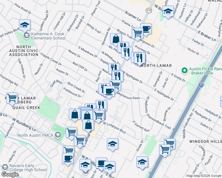 map of restaurants, bars, coffee shops, grocery stores, and more near N Lamar Blvd & Masterson Pass in Austin