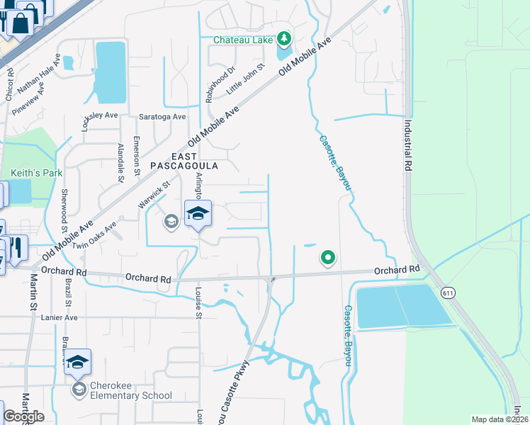map of restaurants, bars, coffee shops, grocery stores, and more near 5224 Pentagon Drive in Pascagoula