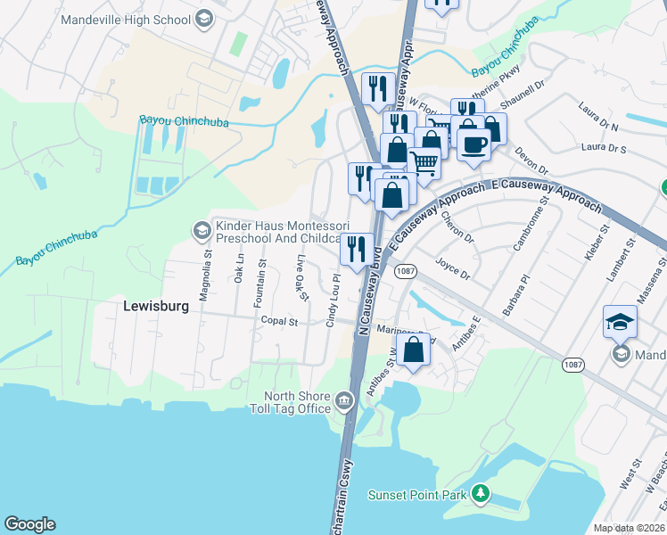 map of restaurants, bars, coffee shops, grocery stores, and more near 219 Cindy Lou Place in Mandeville