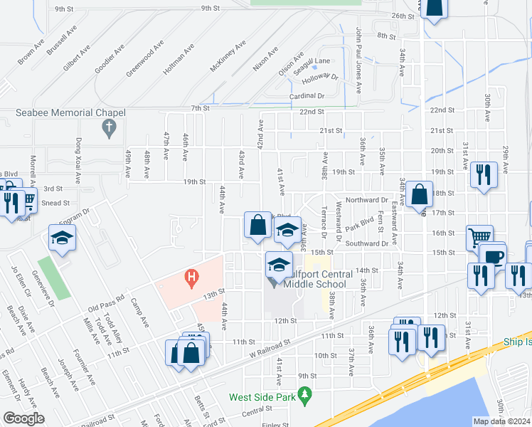 map of restaurants, bars, coffee shops, grocery stores, and more near 1700 42nd Avenue in Gulfport