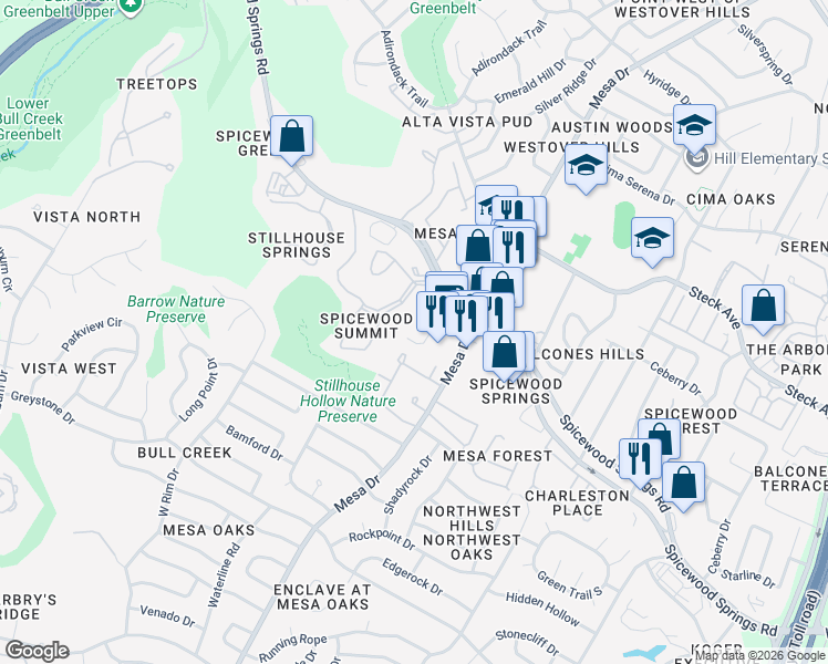 map of restaurants, bars, coffee shops, grocery stores, and more near 4411 Spicewood Springs Road in Austin