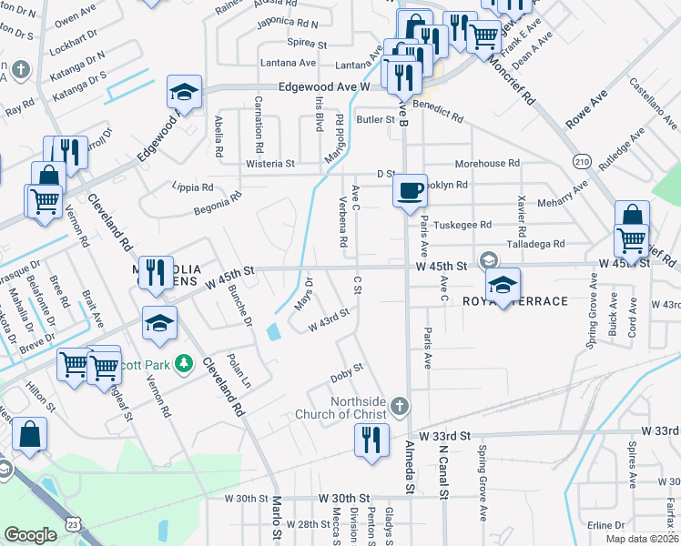 map of restaurants, bars, coffee shops, grocery stores, and more near 5502 Verbena Road in Jacksonville