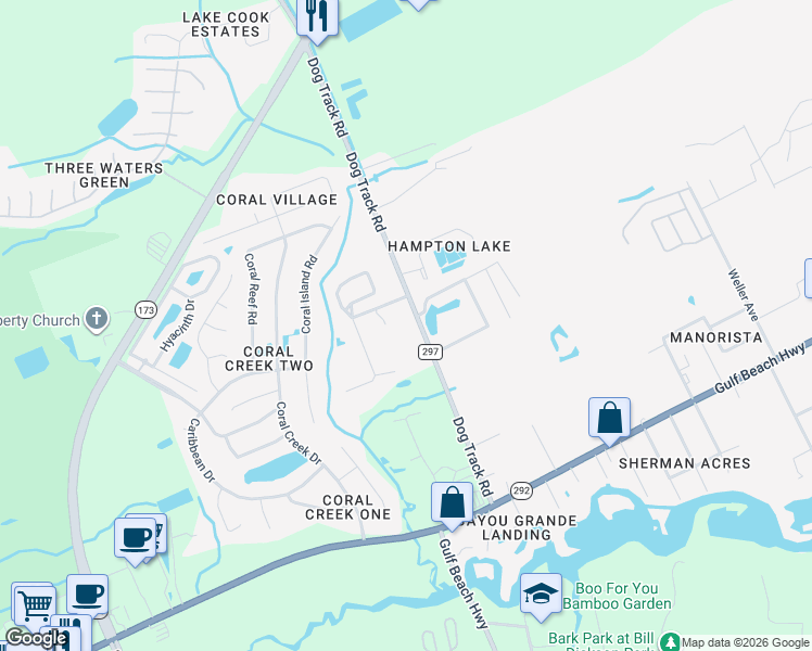 map of restaurants, bars, coffee shops, grocery stores, and more near 9794 Brookstone Way in Pensacola