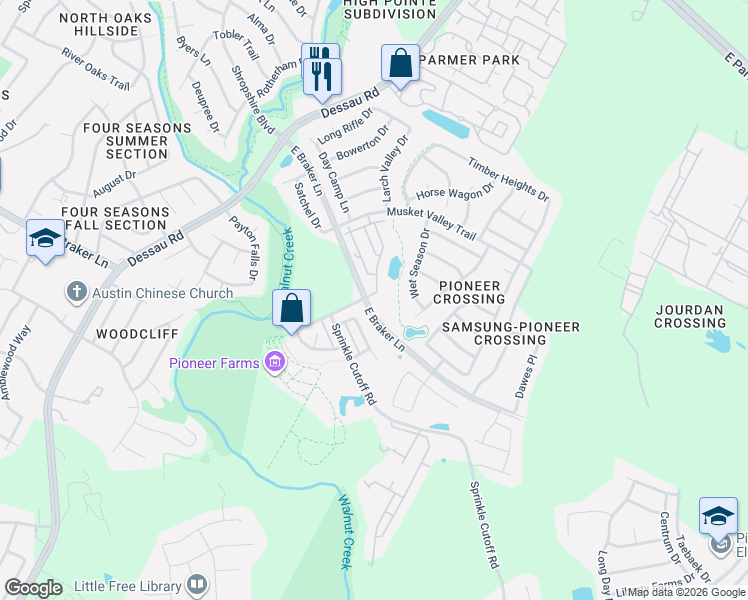 map of restaurants, bars, coffee shops, grocery stores, and more near 1505 Roseburg Drive in Austin
