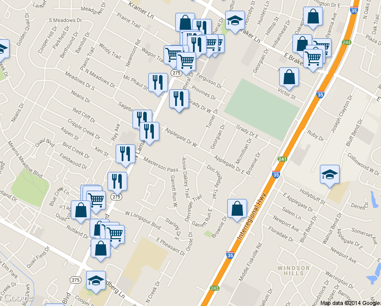 map of restaurants, bars, coffee shops, grocery stores, and more near 200 West Applegate Drive in Austin