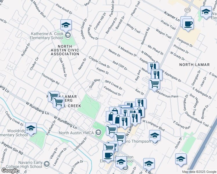 map of restaurants, bars, coffee shops, grocery stores, and more near 1008 Bird Creek Drive in Austin