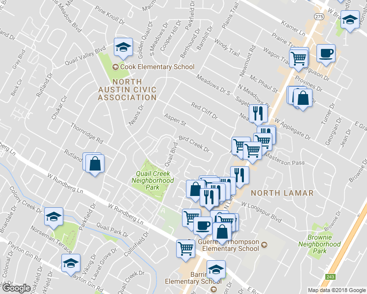 map of restaurants, bars, coffee shops, grocery stores, and more near 1008 Bird Creek Drive in Austin