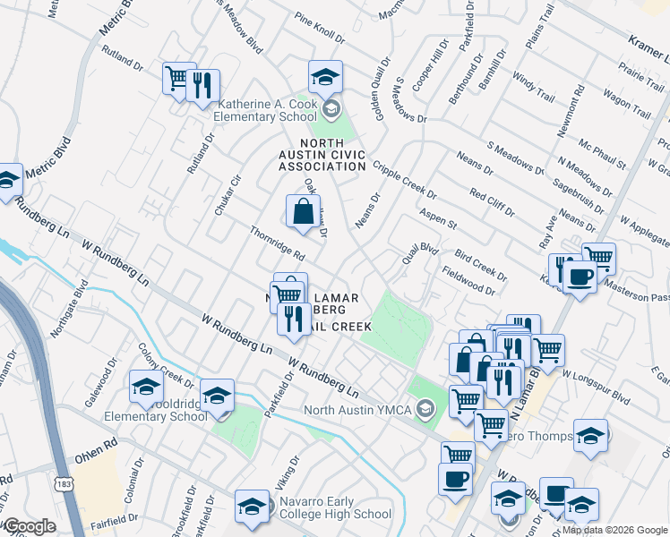 map of restaurants, bars, coffee shops, grocery stores, and more near 9706 Parkfield Drive in Austin