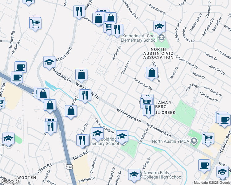 map of restaurants, bars, coffee shops, grocery stores, and more near 1621 Rutland Drive in Austin