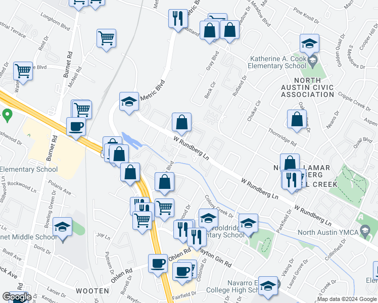 map of restaurants, bars, coffee shops, grocery stores, and more near 1830 West Rundberg Lane in Austin