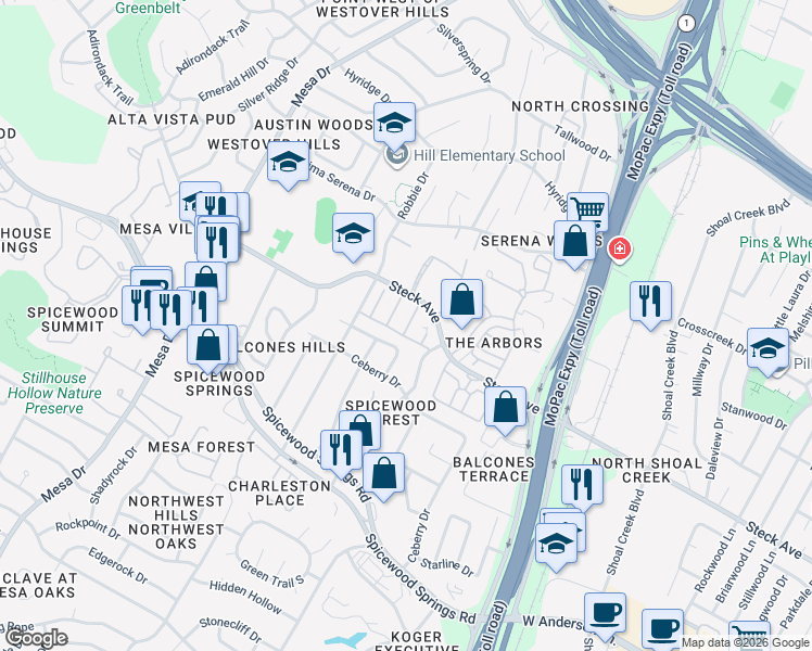 map of restaurants, bars, coffee shops, grocery stores, and more near 8117 East Court in Austin