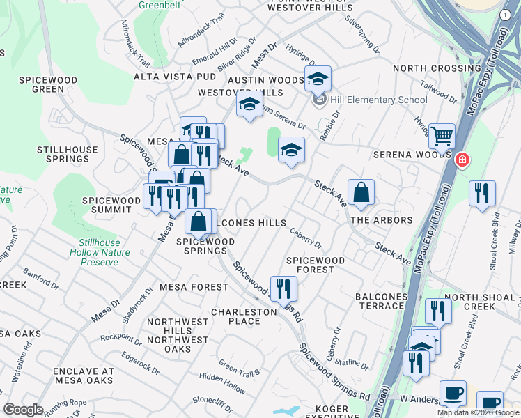 map of restaurants, bars, coffee shops, grocery stores, and more near 3921 Steck Avenue in Austin