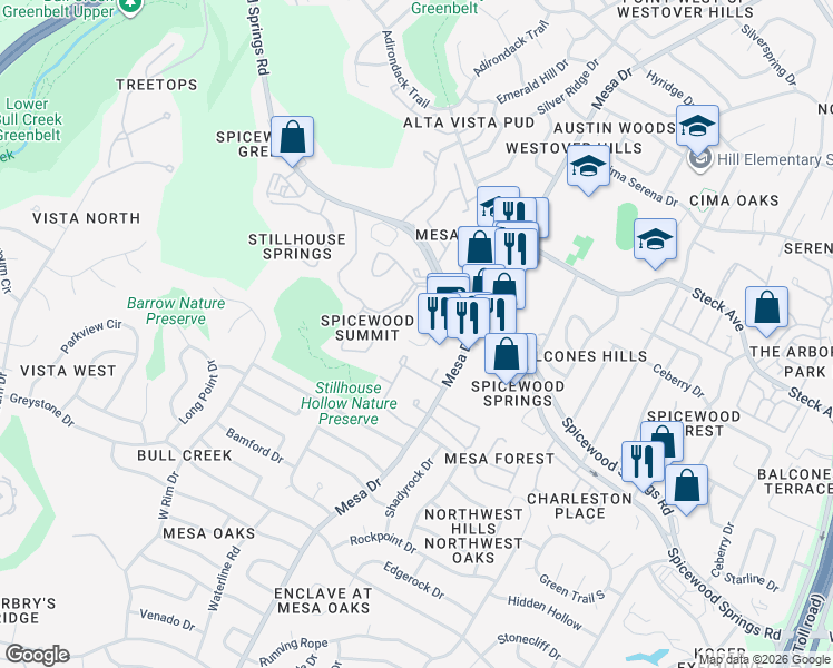 map of restaurants, bars, coffee shops, grocery stores, and more near 4411 Spicewood Springs Road in Austin