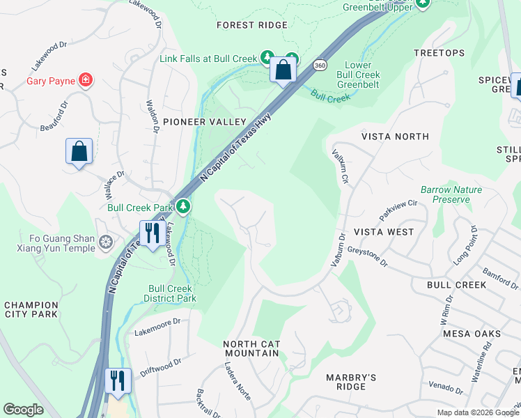 map of restaurants, bars, coffee shops, grocery stores, and more near 7328 Vista Mountain Drive in Austin