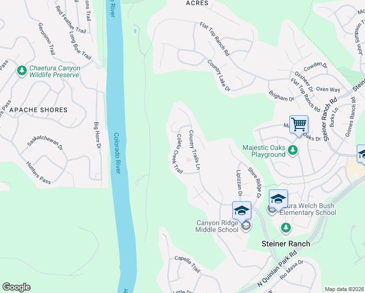 map of restaurants, bars, coffee shops, grocery stores, and more near 13229 Country Trails Lane in Austin
