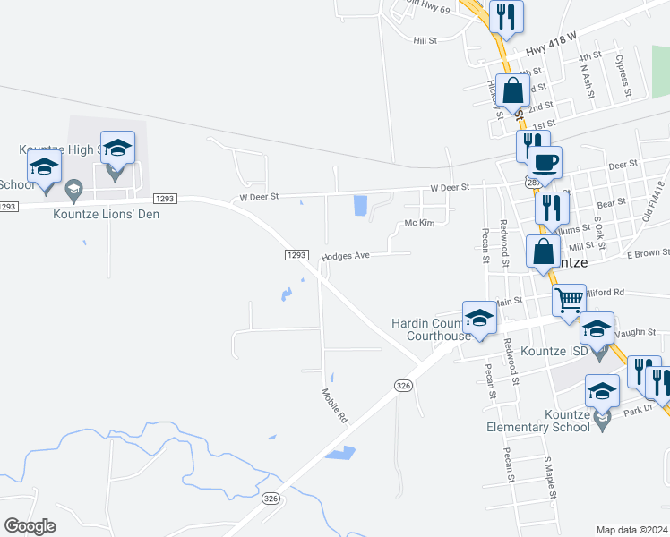 map of restaurants, bars, coffee shops, grocery stores, and more near 604 Farm to Market Road 1293 in Kountze