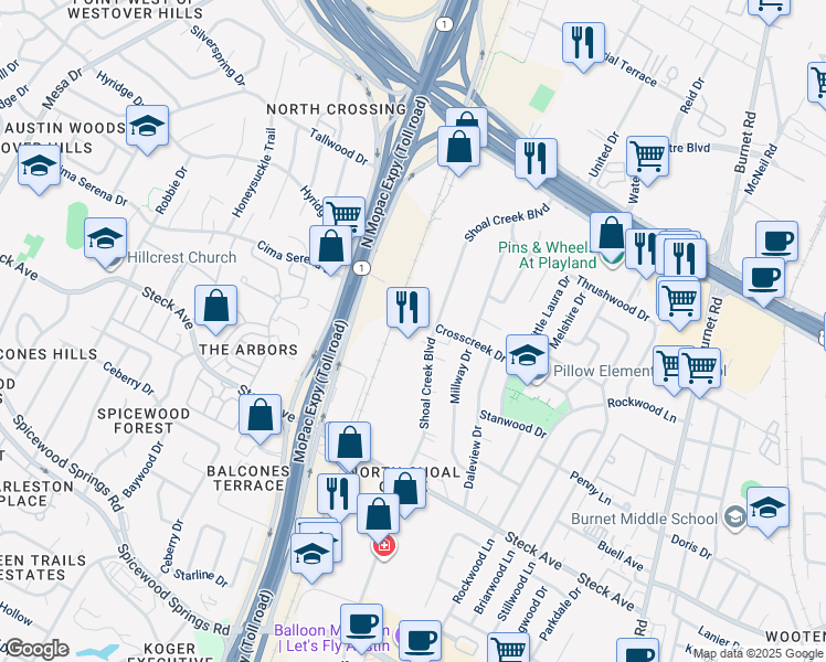map of restaurants, bars, coffee shops, grocery stores, and more near 8500 Shoal Creek Boulevard in Austin