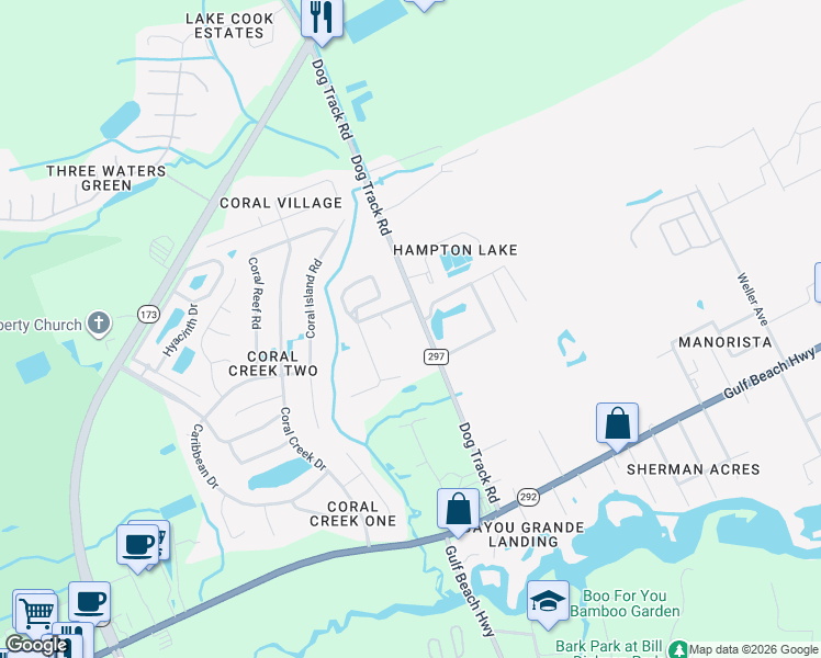 map of restaurants, bars, coffee shops, grocery stores, and more near 9794 Brookstone Way in Pensacola