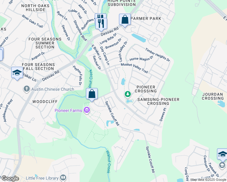 map of restaurants, bars, coffee shops, grocery stores, and more near 11566 East Braker Lane in Austin