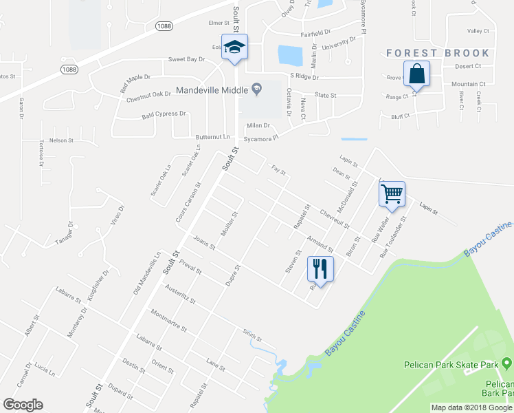 map of restaurants, bars, coffee shops, grocery stores, and more near 819 Armand Street in Mandeville