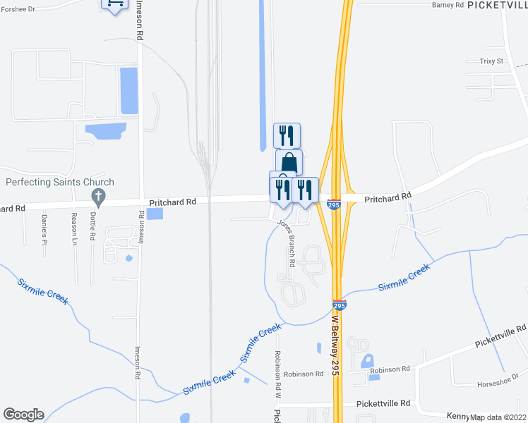 map of restaurants, bars, coffee shops, grocery stores, and more near 1 Pritchard Road in Jacksonville