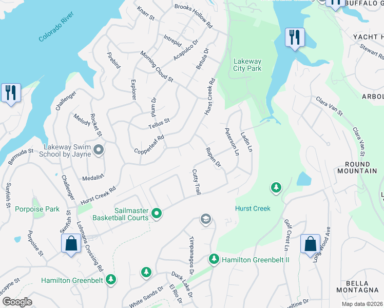 map of restaurants, bars, coffee shops, grocery stores, and more near 106 Ajuga Court in Lakeway