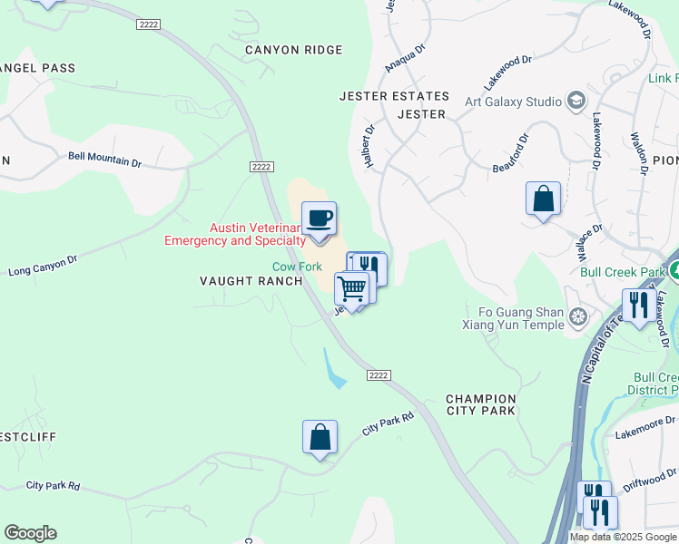 map of restaurants, bars, coffee shops, grocery stores, and more near 7300 Ranch Road 2222 in Austin