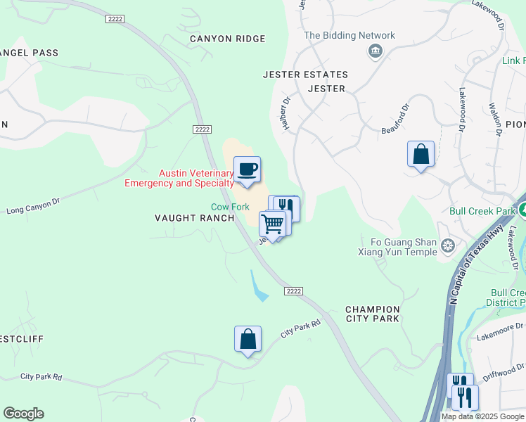 map of restaurants, bars, coffee shops, grocery stores, and more near 7300 Ranch Road 2222 in Austin