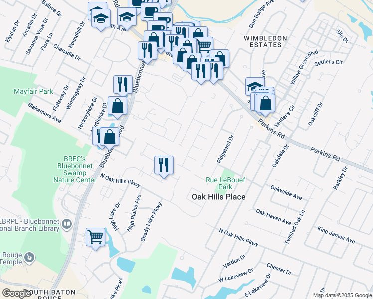 map of restaurants, bars, coffee shops, grocery stores, and more near 1443 Patrick Drive in Baton Rouge