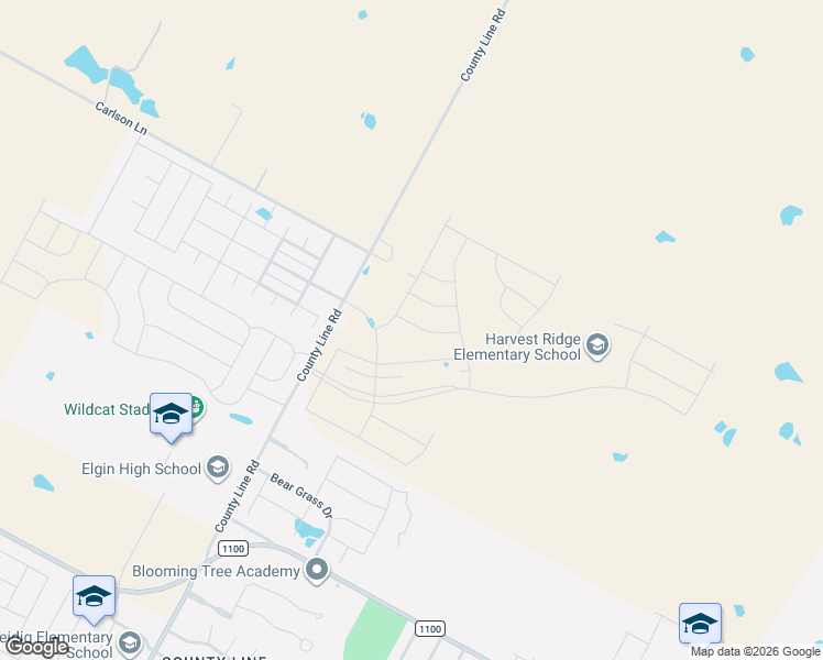 map of restaurants, bars, coffee shops, grocery stores, and more near 116 Huckleberry Lane in Elgin