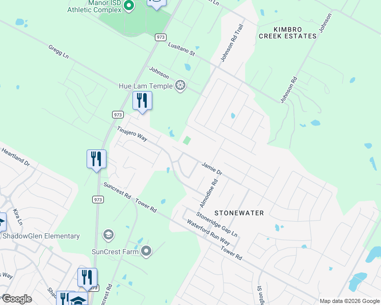 map of restaurants, bars, coffee shops, grocery stores, and more near 11904 Jamie Drive in Manor