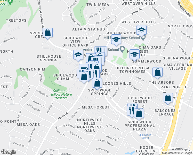 map of restaurants, bars, coffee shops, grocery stores, and more near 4210 Spicewood Springs Road in Austin