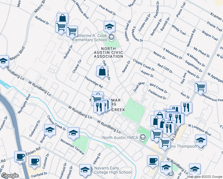 map of restaurants, bars, coffee shops, grocery stores, and more near 9706 Parkfield Drive in Austin
