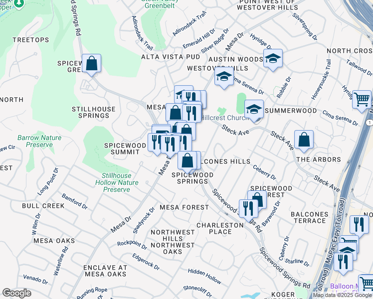 map of restaurants, bars, coffee shops, grocery stores, and more near 8105 Mesa Drive in Austin