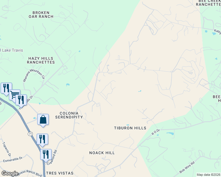 map of restaurants, bars, coffee shops, grocery stores, and more near 21514 Darley Road in Spicewood