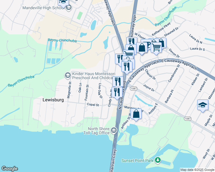 map of restaurants, bars, coffee shops, grocery stores, and more near 261 Carole Drive in Mandeville
