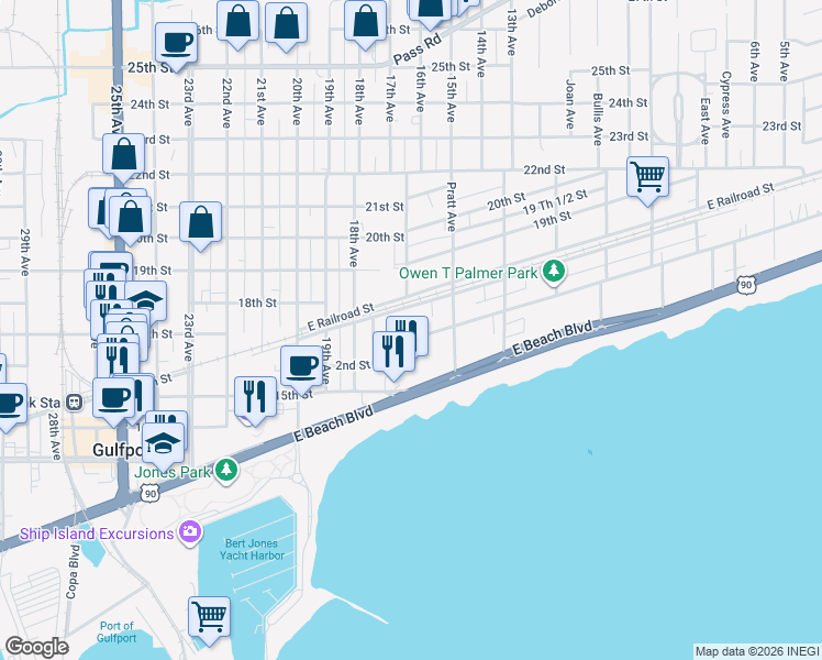 map of restaurants, bars, coffee shops, grocery stores, and more near 1703 3rd Street in Gulfport