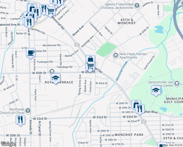 map of restaurants, bars, coffee shops, grocery stores, and more near 1820 West 45th Street in Jacksonville