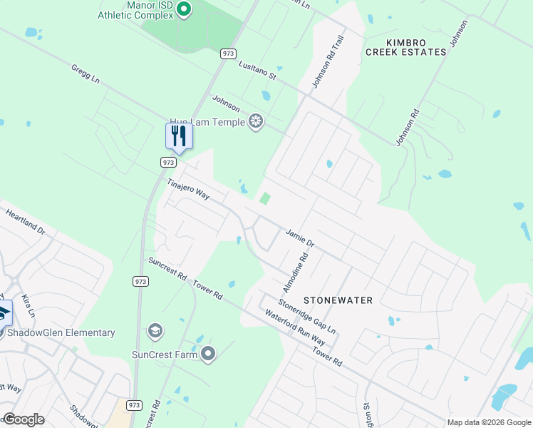 map of restaurants, bars, coffee shops, grocery stores, and more near 11904 Jamie Drive in Manor